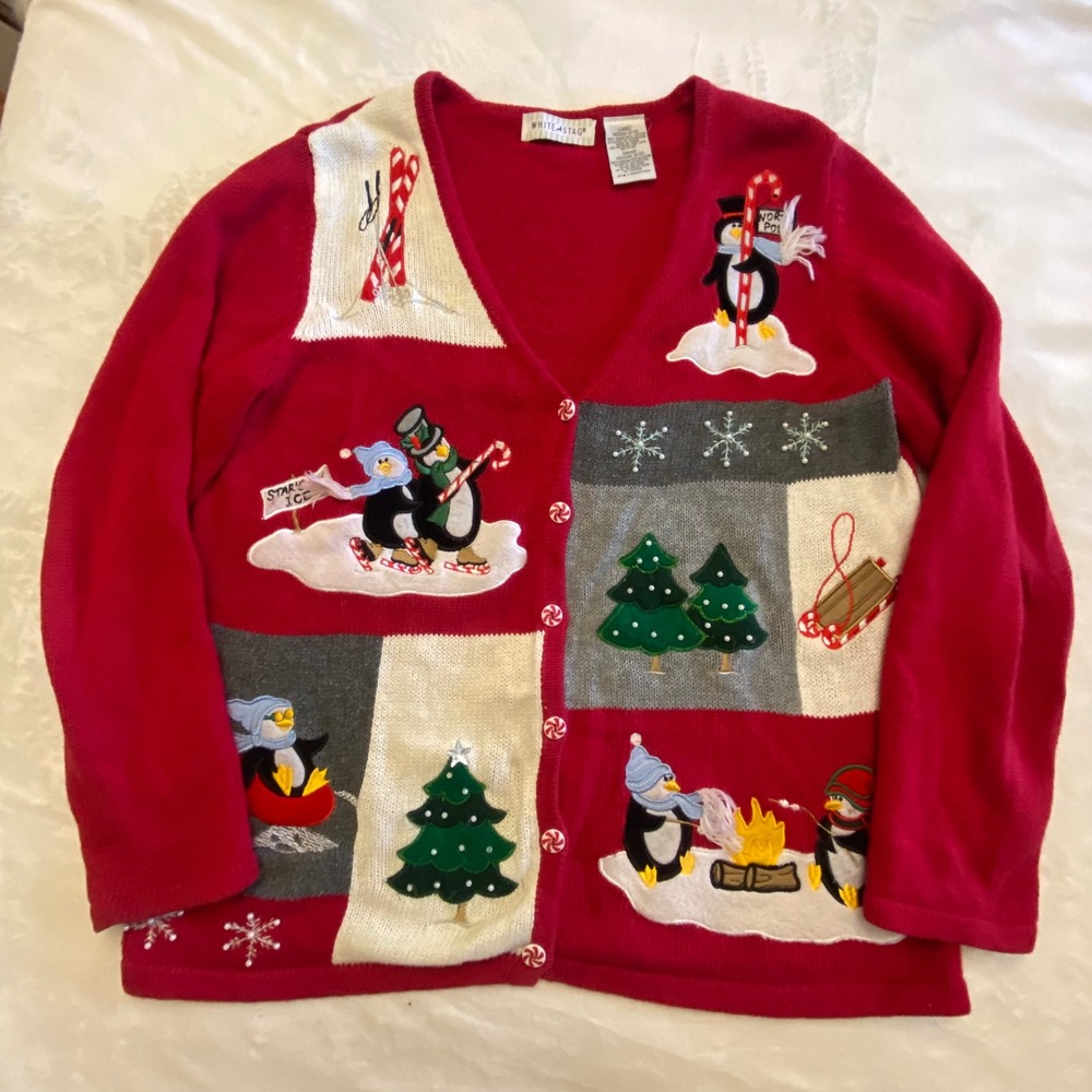 Vintage White Stag Red Christmas‎ Sweater Cardigan Women's Medium